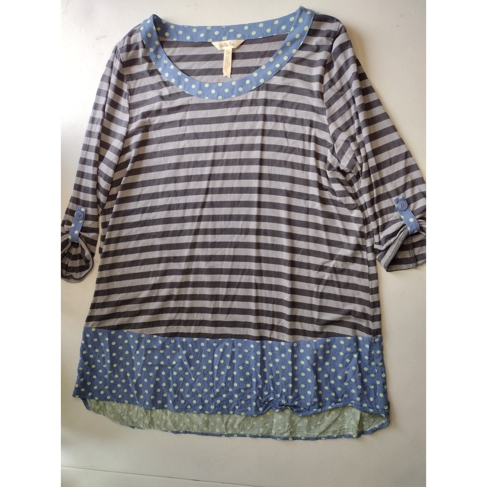 Matilda Jane Womens Mixed Media Striped Polka Dot Tunic Top Grey Blue Medium